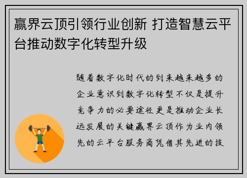 赢界云顶引领行业创新 打造智慧云平台推动数字化转型升级